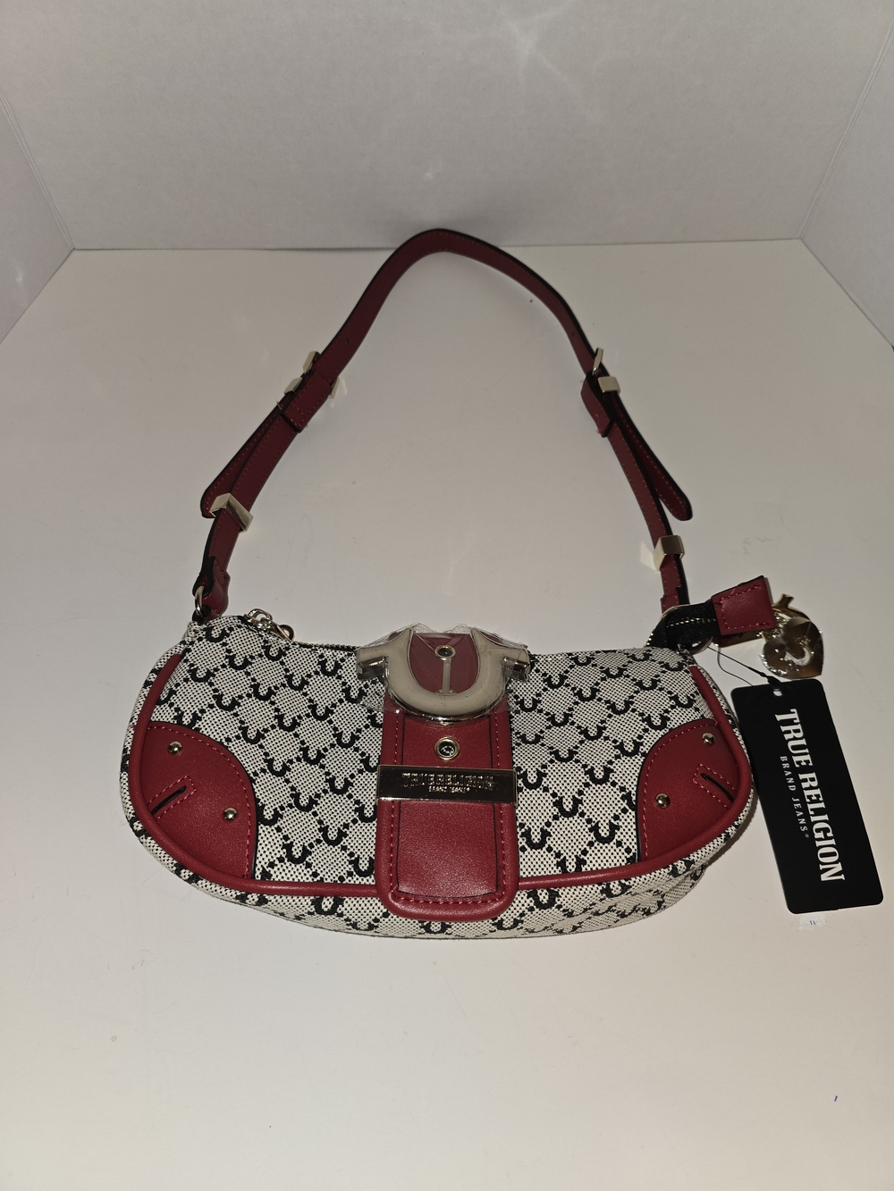 True Religion Red & Cream Monogram Mini Shoulder Bag